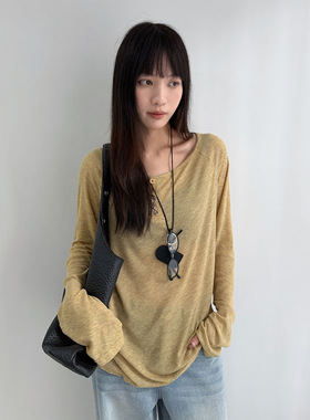 Ademe新款2026春季微透半开领t恤女ins宽松百搭长袖上衣cm260024