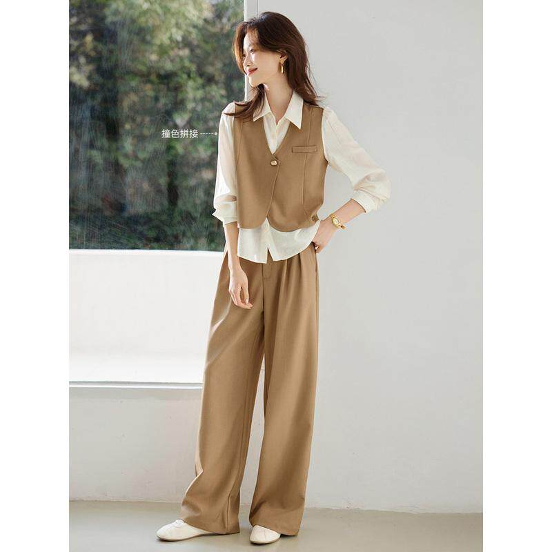 沫晗依美假两件马甲阔腿裤通勤穿搭一整套2026新款爆款高级感套装