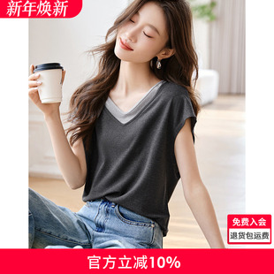 设计感小众显瘦T恤 新款 沫晗依美休闲假两件V领撞色短袖 T恤25夏季