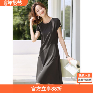 沫晗依美休闲分割线条短袖连衣裙2025夏季新款圆领收腰短袖连衣裙