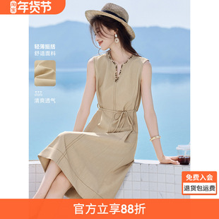 沫晗依美波西米亚织带拼接长裙2025夏季新款V领系带显瘦连衣裙女