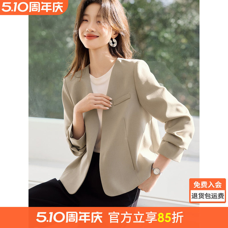 沫晗依美气质通勤简约无领外套2026春夏新款百搭时髦设计感西装女