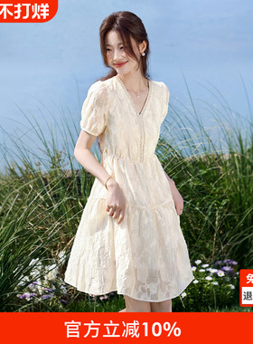 沫晗依美巨好看的白色裙子2025夏季新款法式千金感抽绳系带连衣裙