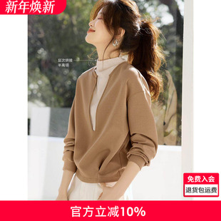 小个子女士卫衣无帽 新款 沫晗依美流行假两件设计长袖 上衣2025秋季