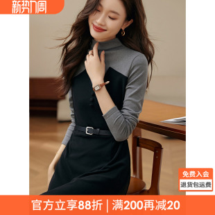 绒感保暖显瘦连衣裙 新款 沫晗依美经典 撞色拼接绒感小黑裙2025冬季