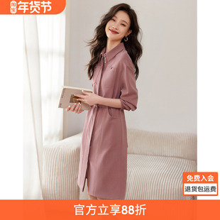 沫晗依美简约质感裙子2025春季新款气质百搭翻领口袋百搭女连衣裙