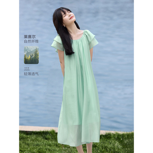 沫晗依美薄荷轻量感夏日双层袖连衣裙2025夏季新款腰带显瘦连衣裙