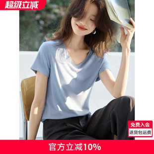 寬松打底衫 沫晗依美百搭休閑V領(lǐng)簡(jiǎn)約經(jīng)典 修身 新款 短袖 T恤2025春季