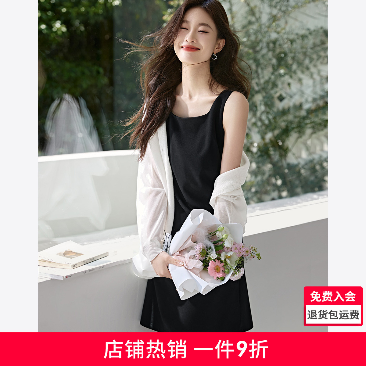 沫晗依美方领褶皱设计收腰连衣裙2025夏季新款优雅高级质感连衣裙