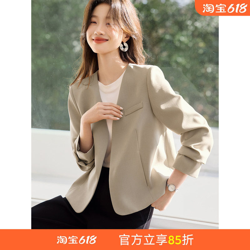 沫晗依美气质通勤简约无领外套