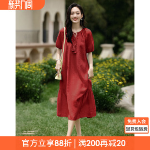 沫晗依美重磅刺绣仿麻透气宽松度假风连衣裙2026夏季新款连衣裙女