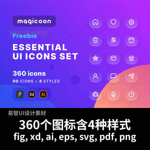 360个图标含4种样式7种格式(fig, xd, ai, eps, svg, pdf, png)