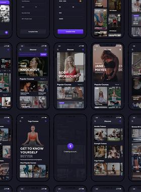 180多页暗色风运动健身app UIkit设计xd，figma源文件