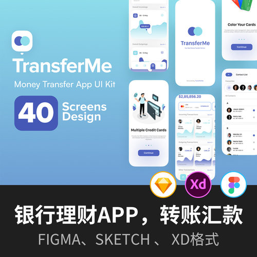 40屏，银行理财app，转账汇款Ui App Kit素材Figma、Sketch 、 XD