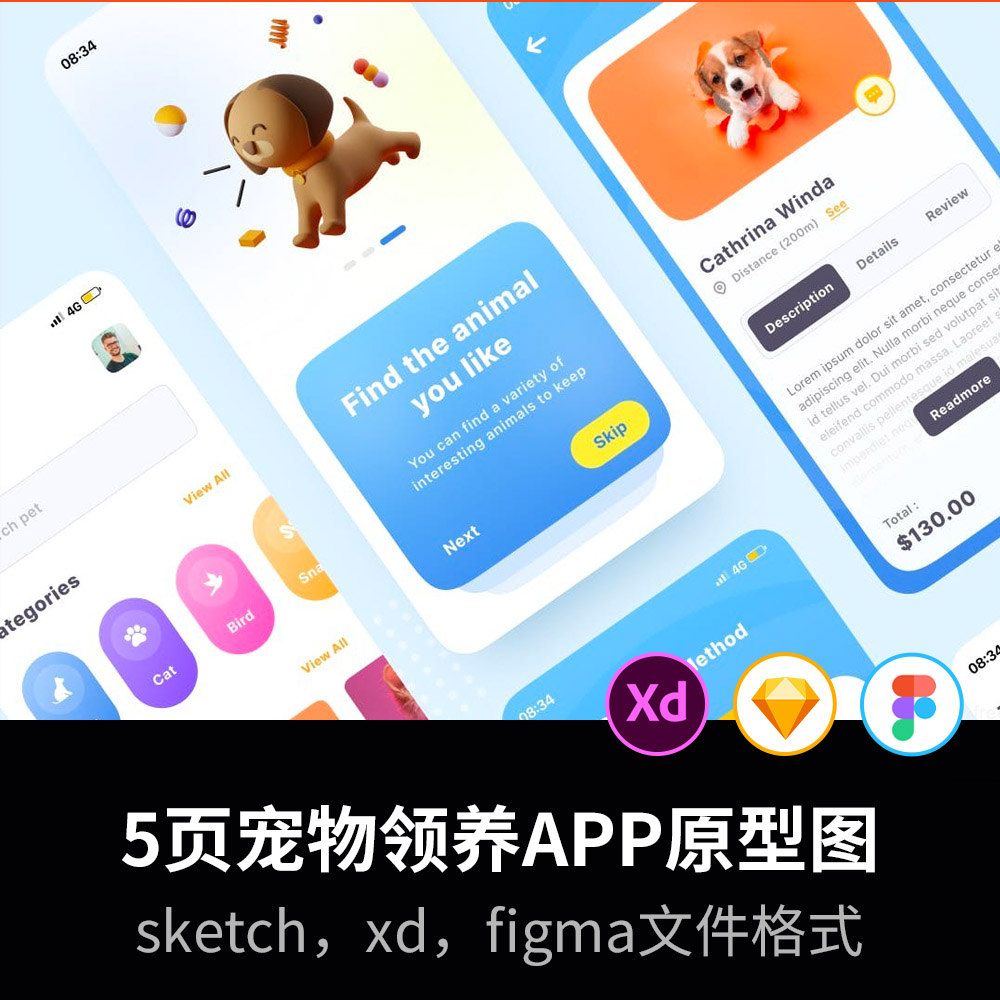 5页宠物领养app 高保真原型图，sketch，xd，figma格式无展示图