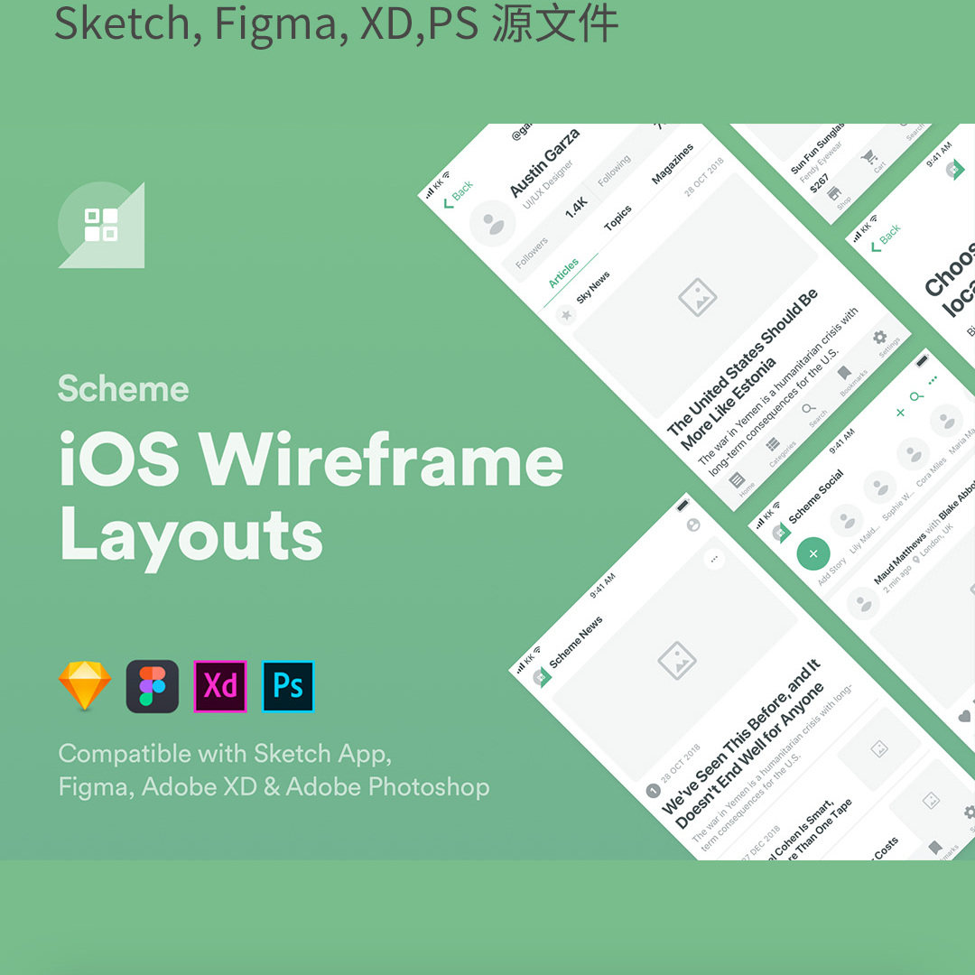 270页5个类别app设计线框，原型 Sketch, Figma, XD,PS源文件