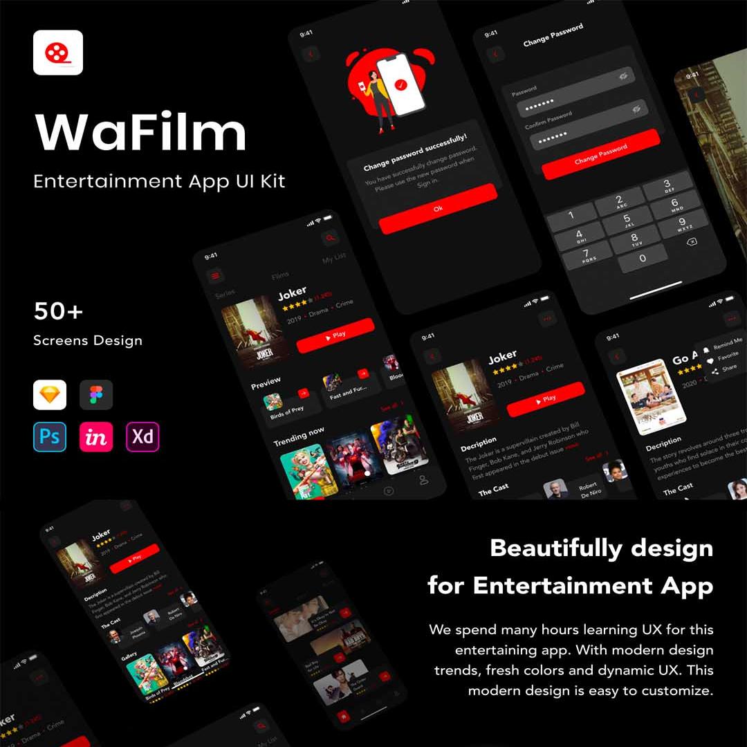 50页超酷电影app UI界面设计xd,sketch,fig,psd,studio格式