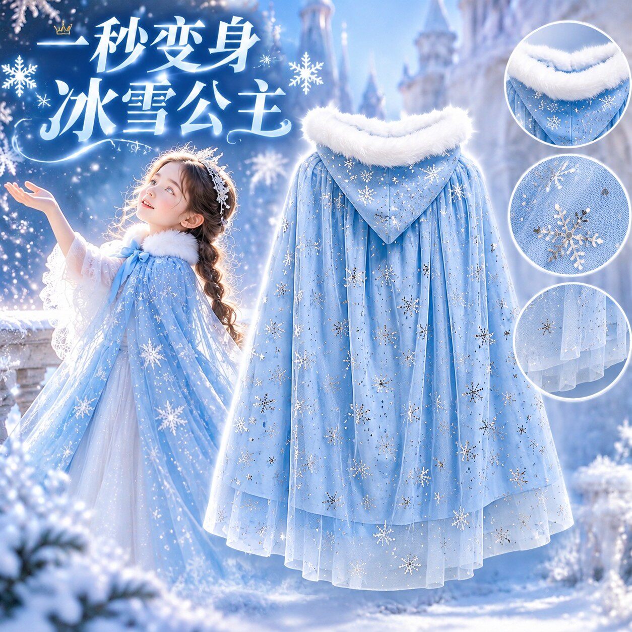 儿童冰雪披风女童艾莎公主斗篷秋冬毛领连帽圣诞新年派对外出披肩