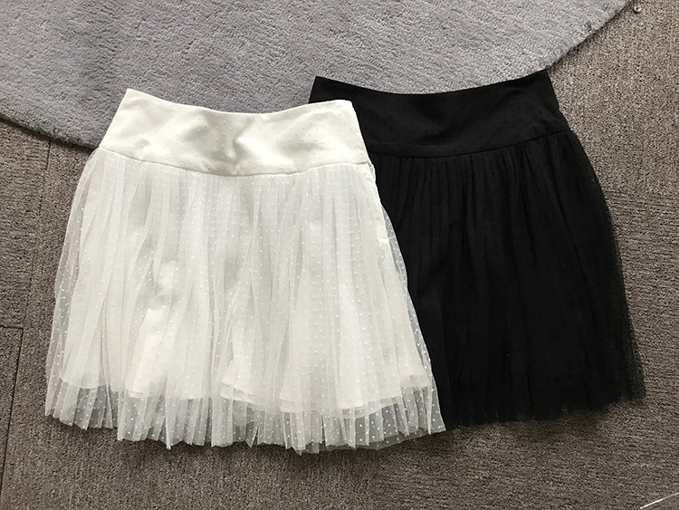 欧洲站真丝双绉内衬迷你高腰小短裙 黑白百搭短款百褶裙网纱裙