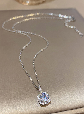 韩国新款精致微镶小方锆钛钢项链简约百搭气质网红同款银色锁骨链