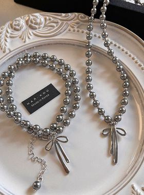 轻奢小众高级感银灰色S家珍珠项链时尚百搭气质蝴蝶结吊坠锁骨链