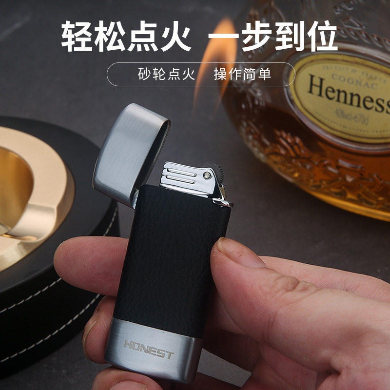 百诚正品充气砂轮明火打火机超薄金属防风复古真皮精致创意礼品男
