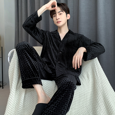 男士韩国绒黑色睡衣秋冬款