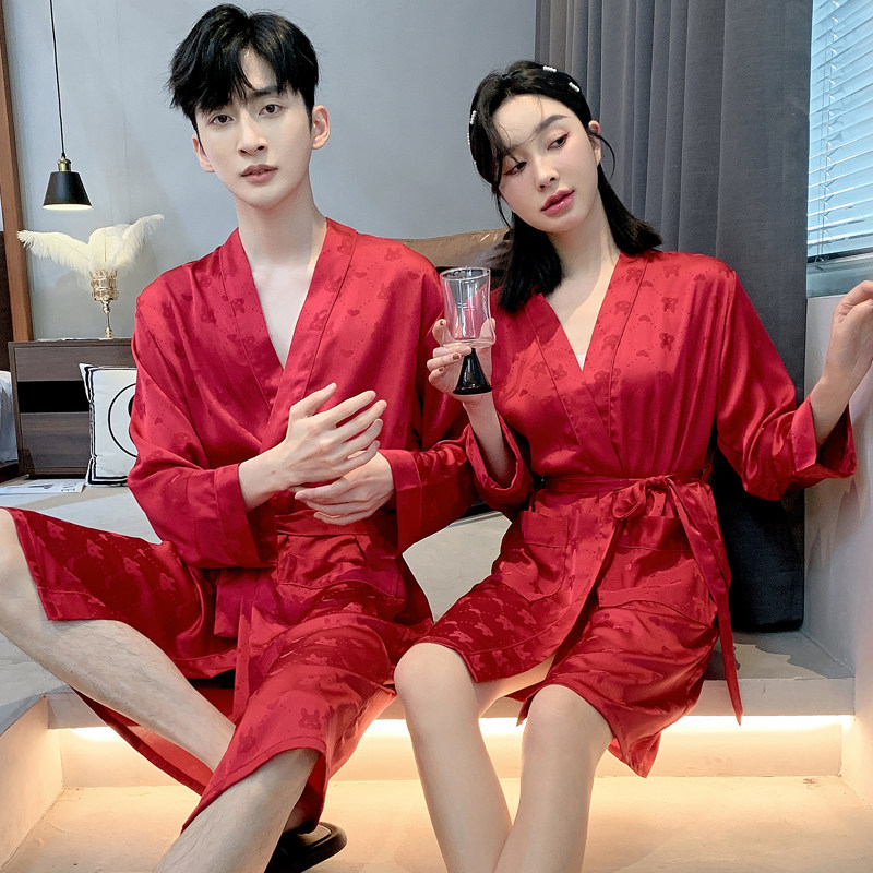 情侣睡衣结婚夏季冰丝春秋款晨袍女新娘性感丝绸本命年红色睡袍男