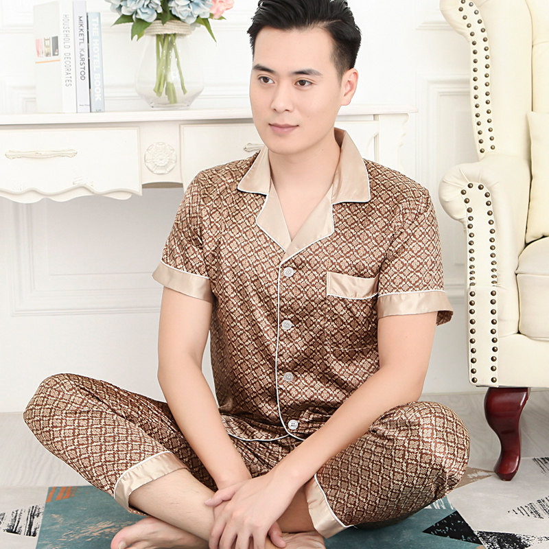 睡衣男士冰丝绸短袖长裤薄款中年爸爸大码夏季家居服两件套装开衫
