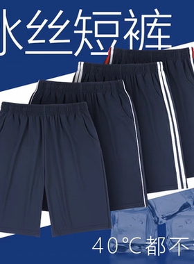夏季冰丝薄款中小学生校服裤子五分短裤藏青色运动校裤一条两道杠