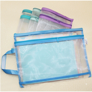 A4双层手提纱网袋大容量收纳学习透明拉链袋科目分类文件袋马卡龙