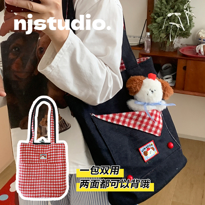 休闲通勤外口袋帆布包甜酷牛仔大容量单肩包学生党韩系逛街布包新