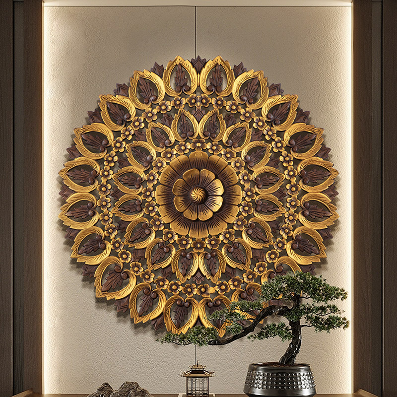 柚木雕花板手工木雕圆形装饰画玄关背景墙花卉装饰画金色客厅壁饰