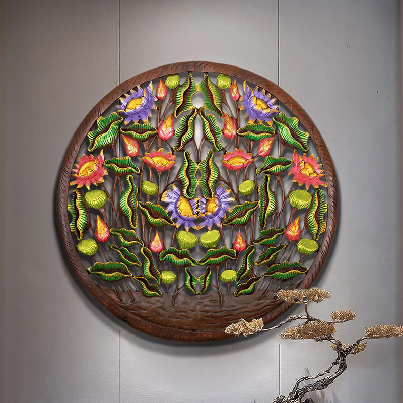 泰国新古典柚木雕花板山水花卉圆形手工木雕装饰品民族风背景壁饰