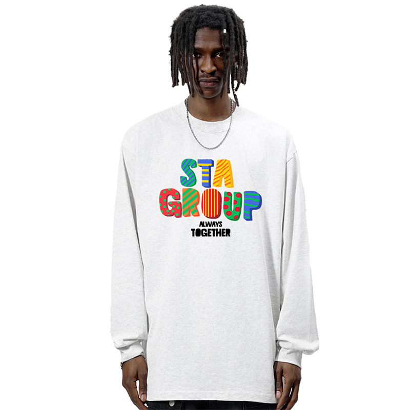 STA嘻哈潮牌趣味基础宽松重磅纯棉长袖T恤男女打底衫LOGO印花上衣