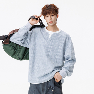 STA春秋新款假两件卫衣男士宽松圆领套头休闲上衣针织V领潮牌百搭