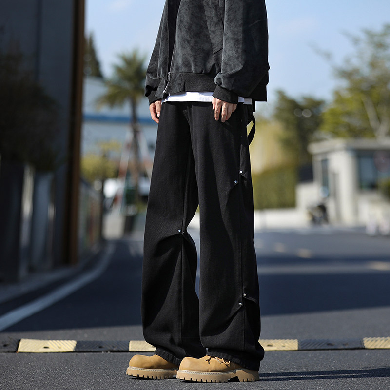 STA潮牌复古黑色宽松直筒牛仔裤男青少年简约高街美式中腰长裤