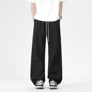 青少年百搭 男黑色系绳拼接阔腿长裤 STA美式 潮流宽松直筒休闲裤