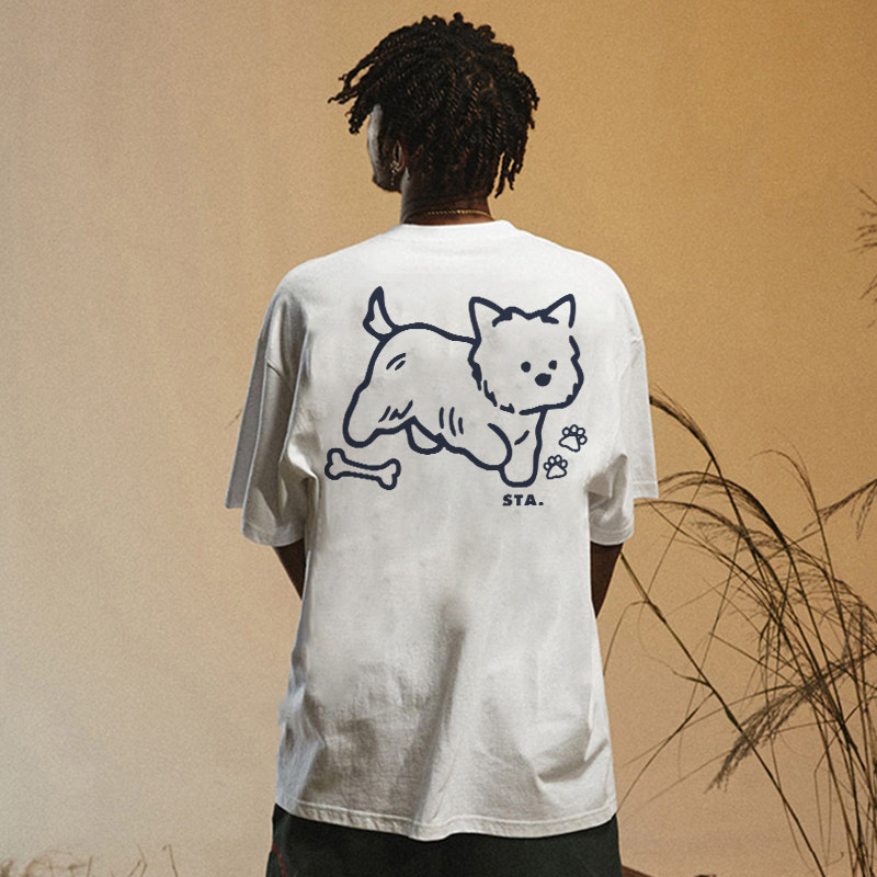 STA重磅纯棉小狗印花短袖T恤男女宽松落肩白色卡通上衣情侣款