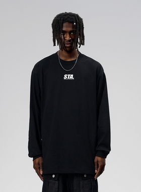 STA国潮字母印花黑色纯棉长袖T恤男宽松重磅情侣潮牌简约上衣