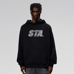 STA美式重磅潮牌仿钉珠印花连帽卫衣男加绒宽松oversize高街外套