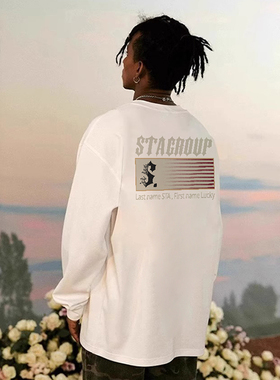 STA潮牌条形间隔S基础款长袖T恤春秋美式宽松纯棉打底衫男女上衣