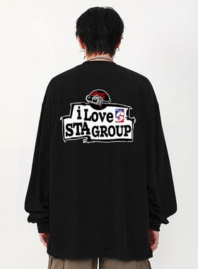 STA2024春秋季新款灰色队标画板长袖T恤男宽松打底衫情侣纯棉上衣