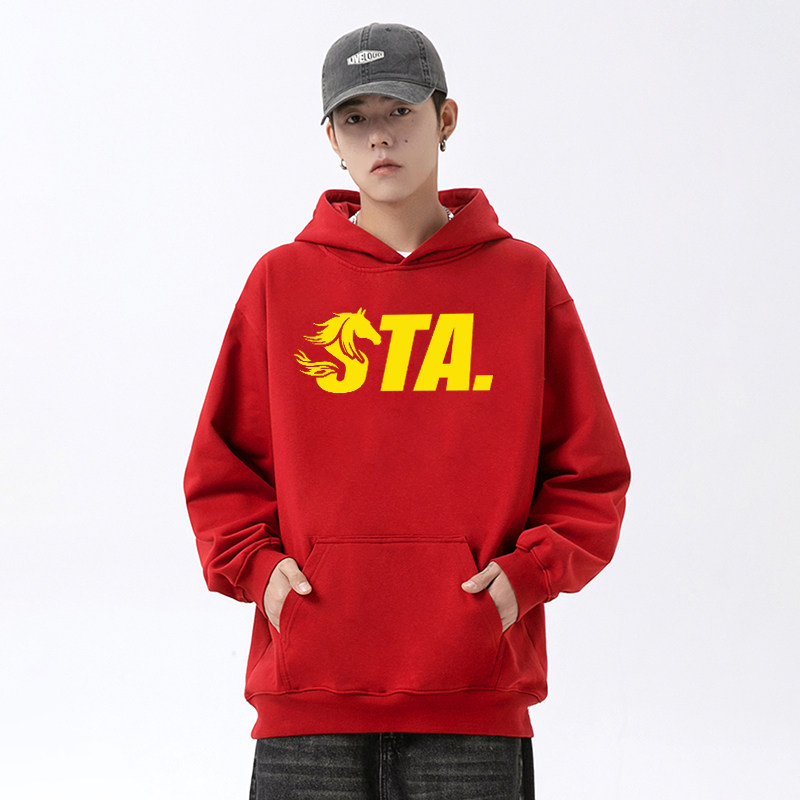 STA国潮红色连帽卫衣2026马年宽松重磅美式本命年套头帽衫上衣