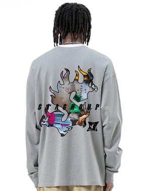 STA美式火焰S长袖t恤男女款潮牌美式宽松字母卫衣秋新季百搭上衣