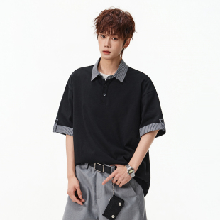 T恤男条纹POLO衫 假两件翻领短袖 宽松休闲上衣潮 2026新款 STA夏季