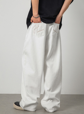 STA潮牌春夏牛仔裤男百搭绣花白色宽松直筒阔腿垂感休闲百搭长裤