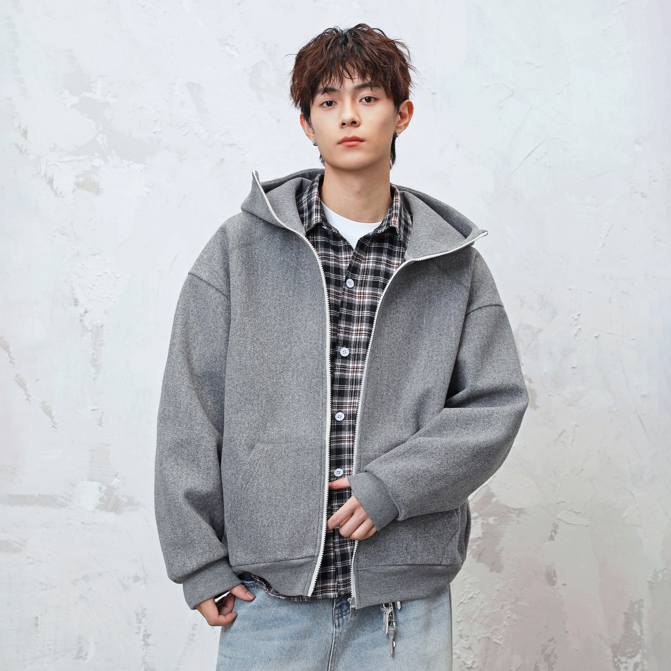 STA重磅开衫拉链连帽卫衣男士秋季宽松休闲美式毛呢复古上衣帽衫