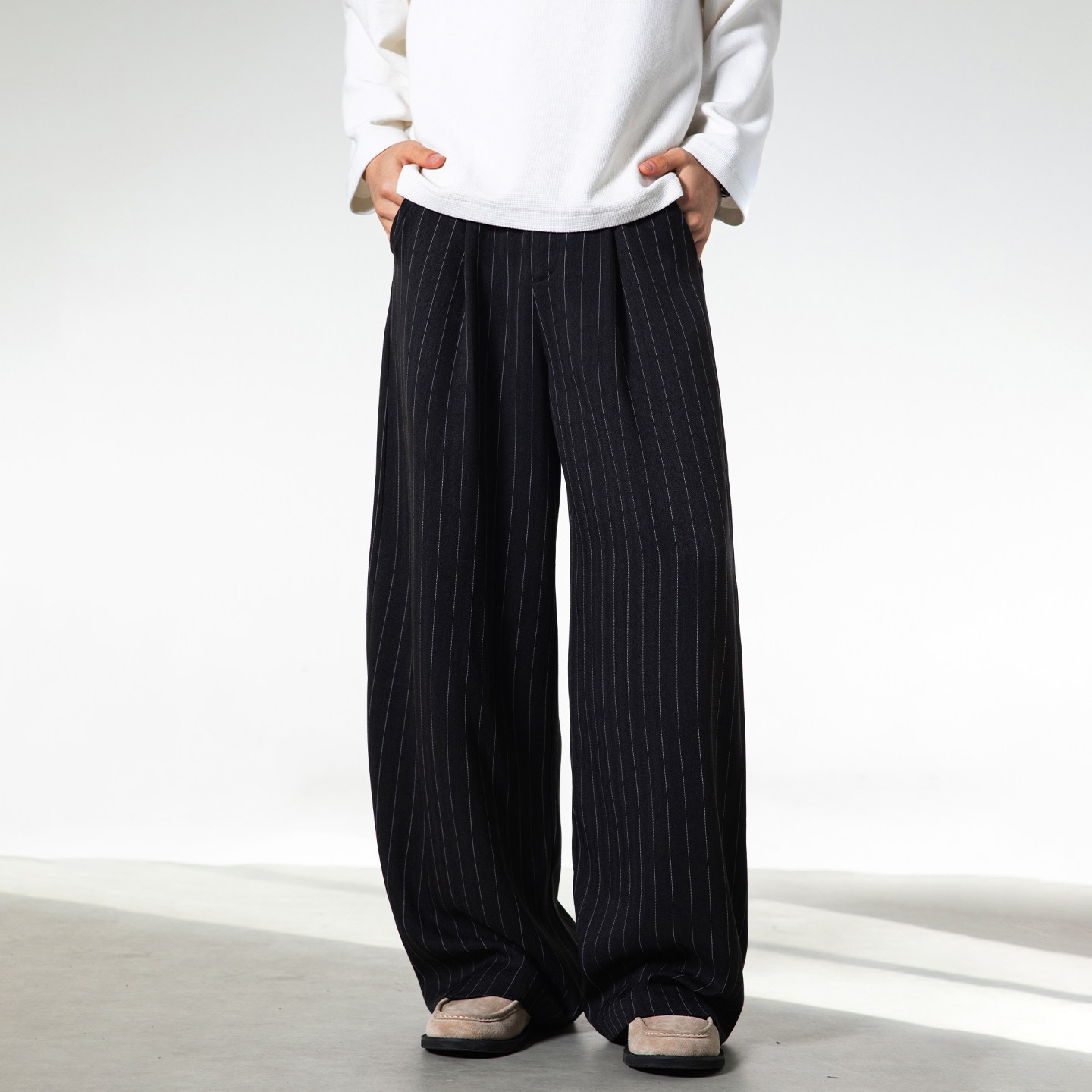 STA复古条纹西裤老钱风阔腿裤男士宽松垂感高级青少年休闲长裤