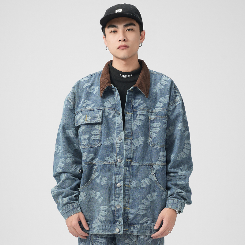 STA 国潮logo提花设计牛仔外套男秋冬季宽松潮外穿长袖牛仔衣夹克